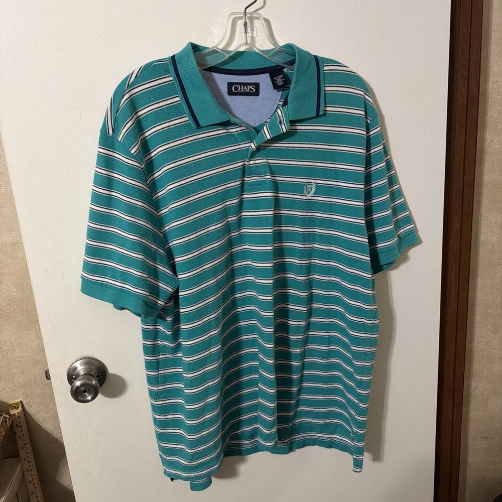 Chaps Men's XL Striped Polo Shirt Green Navy Blue White Short Sleeve